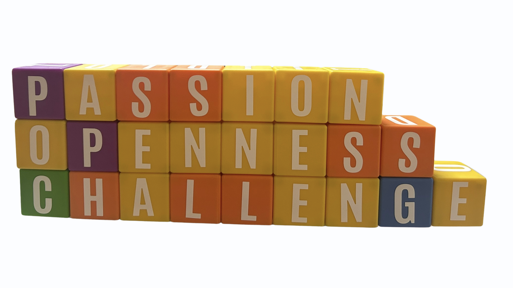 PASSION, OPENNESS, CHALLENGE 영문 단어를 완성한 Value Up 큐브